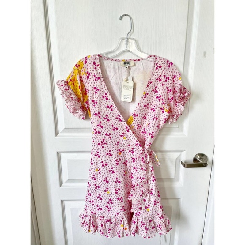 All Things Mochi Dory Mini Wrap Dress Pink Fuchsia Large New — image 3 of 8
